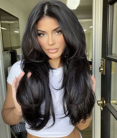 Black Hair With Long Layers, Face Framing Layers Long Hair Straight, Dark Hair Women, Machiaj Smokey Eyes, Layered Haircuts For Medium Hair, Hairstyles For Layered Hair, Long Dark Hair, Blowout Hair, Haircuts For Medium Hair