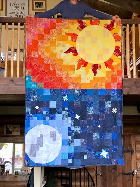 Outer Space Quilt Pattern, Sun Moon And Stars Quilt Pattern, Sun Moon Quilt, Moon Quilt Block, Sun Quilt Pattern, Space Quilt Pattern, Galaxy Quilts, Sun Quilt Block, Pebble Quilt