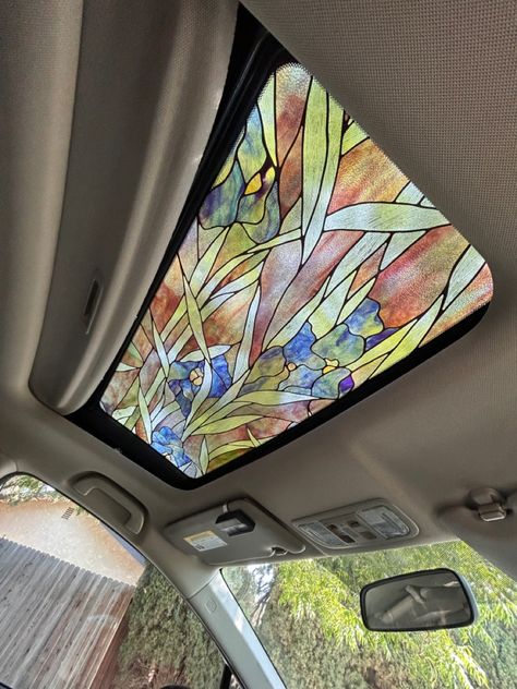 Amazon stained window sticker on car sun roof
Link: Artscape Iris Garden Window Film 24" x 36" https://a.co/d/fEKjzS2 Fun Car Decorations Interior, Indie Car Decor Aesthetic, Car Glass Stickers, Car Window Stickers Aesthetic, Stained Glass Car Sunroof, Car Stickers Ideas Design, Car Inspo Interior Boho, Stained Glass Sunroof, Sunroof Stickers