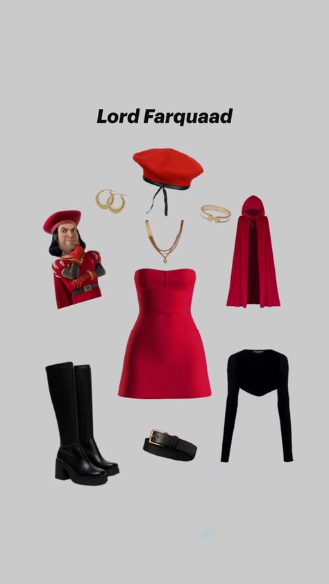 red dress, black boots, red cape, black belt, gold jewelry, easy last minute costumes for Halloween, funny Shrek Lord Farquaad, Red Cape Costume, Easy Last Minute Halloween Costume, Easy Halloween Outfit, Lord Farquaad, Last Minute Halloween Costume, Classy Halloween Costumes, Matching Halloween Costumes, Halloween Coustumes