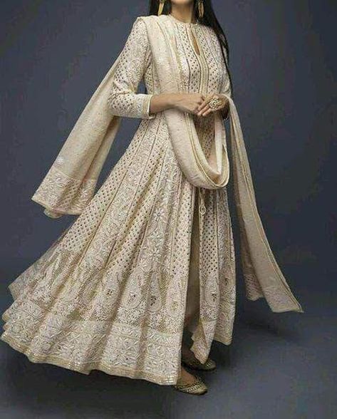 Anarkali - Buy latest Anarkali Suits online – FashionVibes Chicken Work Gown Design, Chicken Gown Design, Walima Ideas, Mukesh Work, Indowestern Gowns, Chikankari Anarkali, Chicken Dress, Chikankari Lehenga, Silk Anarkali Suits