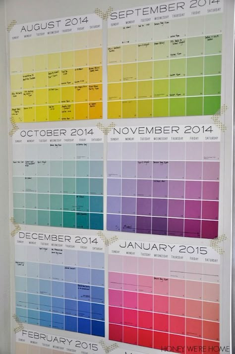 Organization Calendar, Paint Chip Wall, Products Organization, Paint Chip Crafts, Escuela Diy, Paint Chip Art, Chip Art, Back To School Organization, Calendar Organization