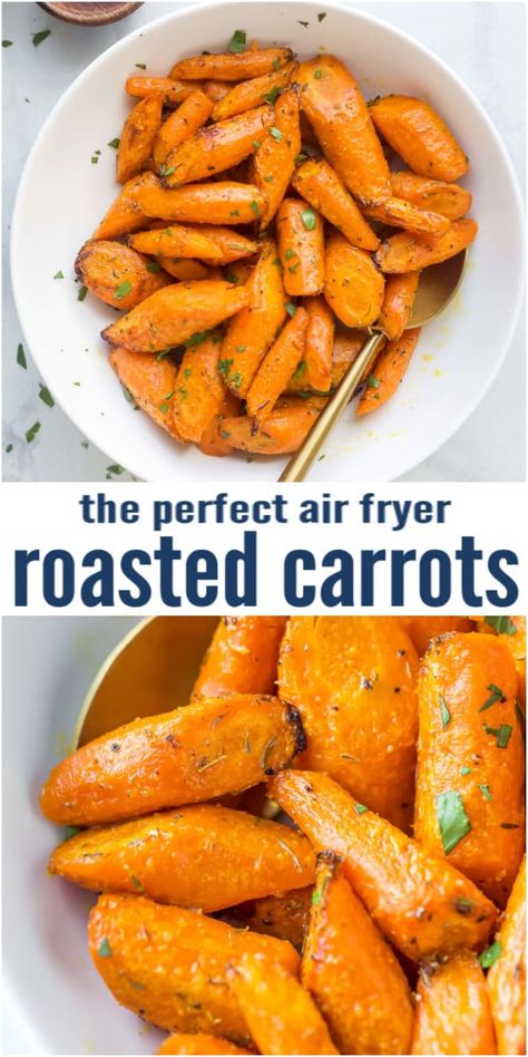 A simple side dish that's ready in under 15 minutes! This Air Fryer Roasted Carrots recipe delivers the perfect tender and crispy carrots every time, you'll never roast them in the oven again. #healthysidedishes #airfryerrecipe #airfryerideas #airfryer #roastedcarrots #carrotrecipes #holidaysides Roasted Carrots In The Air Fryer, Air Fryer Roast Carrots, Roasted Baby Carrots Air Fryer, Air Fryer Glazed Carrots, Air Fryer Carrots And Potatoes, Carrot Recipes Air Fryer, Baby Carrots Air Fryer, Roasted Vegetables In Air Fryer, Airfryer Carrots