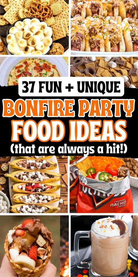 Easy bonfire food ideas for your fall, winter, or summer beach bonfire party. Bonfire appetizers, campfire desserts, bonfire night meals, snacks and party ideas for a crowd. Smore Campfire Ideas, Bonfire Night Buffet, Fun Bonfire Food, Vegan Bonfire Food, Winter Bonfire Food, Campfire Finger Food, Bonfire Smores Ideas, Sweet 16 Bonfire Party Ideas Backyards, Bonfire Finger Foods