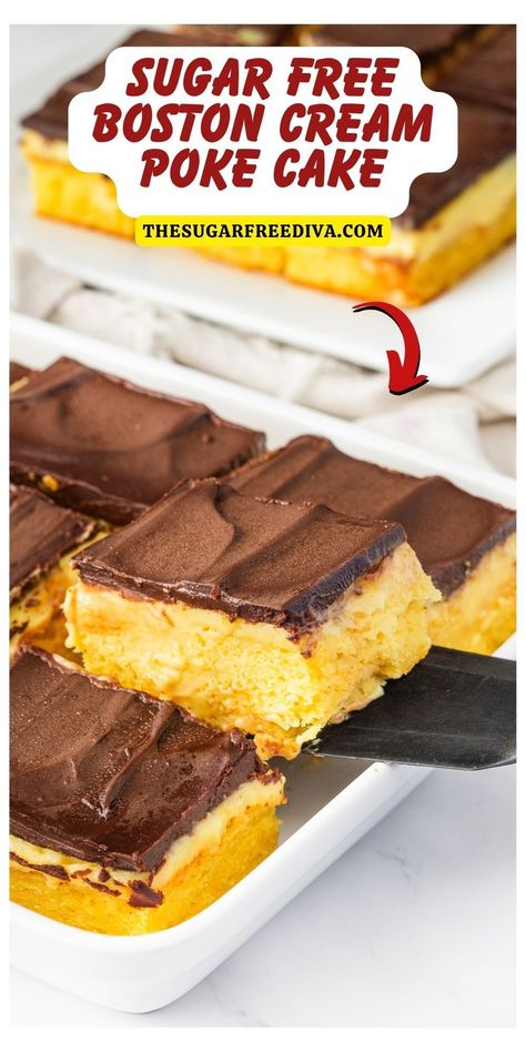 Sugar Free Boston Cream  Poke Cake, a simple and delicious dessert recipe made with cake mix,  pudding, chocolate ganache, and no added sugar.     Read more at: https://sfdiva.co/3Unzwv4  #sugarfree #sugarfreedessert #sugarfreecake #diabeticdessert #diabeticrecipe #bostoncream Healthy Poke Cake, Sugar Free Poke Cake, Zero Sugar Cake Mix Recipes, Ww Dessert Recipes, Sugar Free Cake Mix Recipes, Low Sugar Cake, Boston Cream Poke Cake Recipe, Sugar Free Baking Recipes, 2025 Recipes