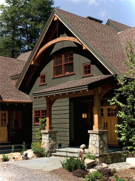 Cottage Exterior Colors, Home Paint Colors, Craftsman Colors, Red Windows, Basement Door, Cottage Details, Exterior Paint Schemes, Wood Siding Exterior, Craftsman Details