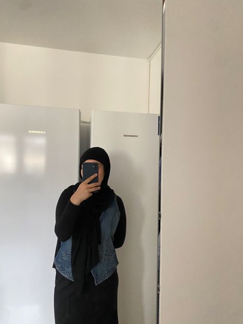 Black Skirt, Blue Denim Vest, Black Hijab, Casual Outfit, OOTD, Fall Outfit for Hijabis, Hijab Casual Outfit, Black Hijab, Hijabi Outfit, Ootd Fall, Black Skirt, Denim Vest, Fall Outfit, Casual Outfit, Blue Denim