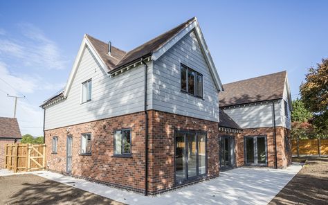 Weatherboard And Brick Exterior, Brick And Weatherboard Exterior, Brick And Render Exterior, Red Brick And Render Exterior, Rendered Dormer, Cedral Cladding, Red Brick Extension Architecture, Self Build Houses Uk Stone, Brick And Render Exterior Uk