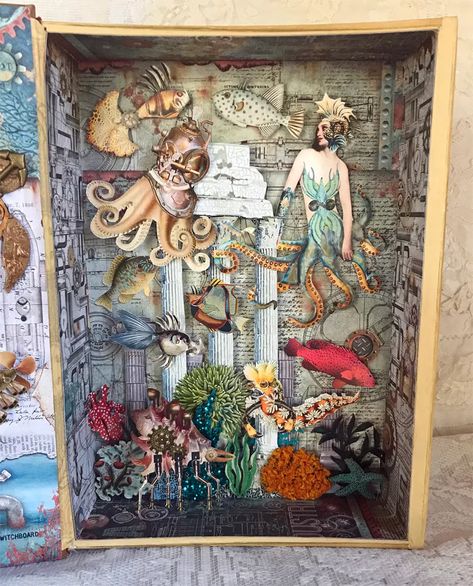 Ocean Shadow Box, Shadow Box Collage, Scrapbook Shadow Box, Fish Collage, Diorama Kids, Shadow Box Picture Frames, Shadow Box Gifts, Beneath The Sea, Beach Read