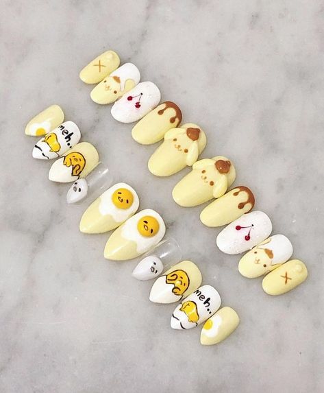 Pompompurin Nail Art, Shinchan Nail Art, Pom Pom Purin Nails, Ditto Nails, Sanrio Nails Acrylic, Gudetama Nails, Keroppi Nails, Cinnamon Roll Nails, Pompompurin Nails