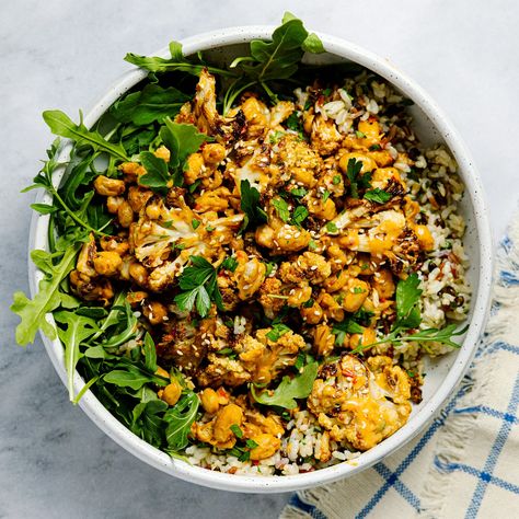 (3) crispy cauliflower & white bean grain bowls Cauliflower Tahini, Crispy Cauliflower, Grain Bowls, Healthy Weeknight Dinners, Single Recipes, Grain Bowl, Pescatarian Recipes, Canned Beans, Honey Roasted