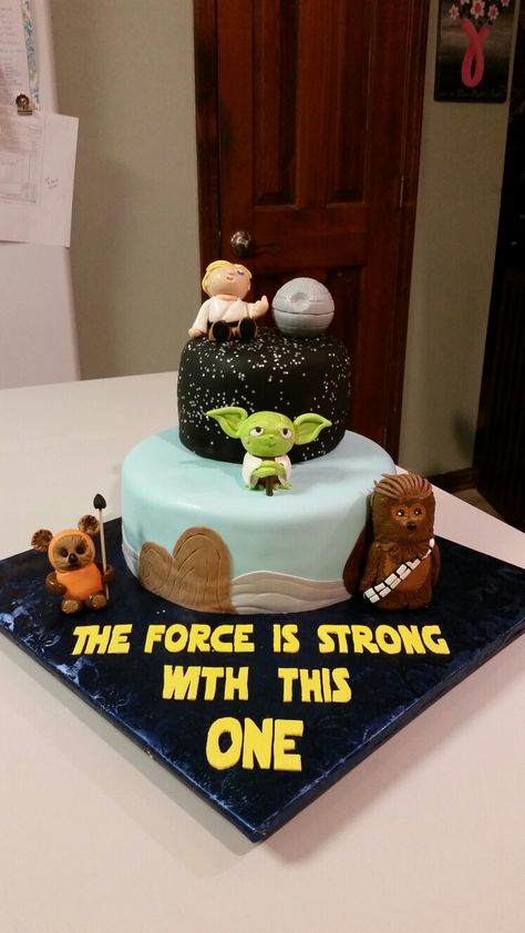 Star wars 1st birthday cake.  All figures made from gumpaste First Birthday Star Wars Cake, Star Wars 1st Birthday Cake, Star Wars 1st Birthday, Yoda Cakes, Star Wars Themed Birthday Party, Yoda Cake, Zoo Party, Star Wars Cake, 1st Birthday Party Themes