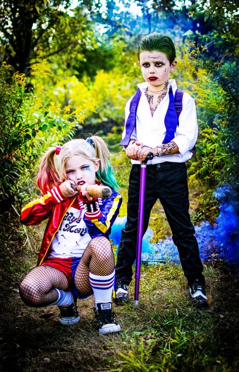 Kids Joker And Harley Quinn Costume, Boys Costume Ideas For Kids, Joker Boy Costume, Kids Joker Costume Boys, Diy Joker Costume Kids, Boys Joker Costume, Baby Harley Quinn, Shark Treats, Harley Quinn Costume Kids