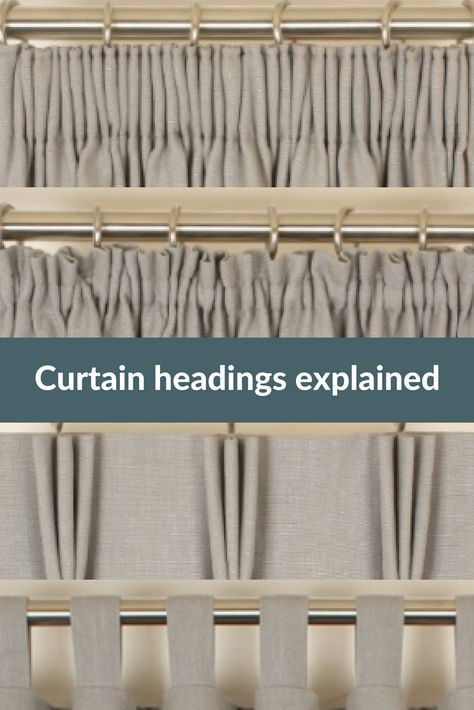 Explanation of the different types of #curtain headings. Curtain Tops Ideas, Different Type Of Curtains, Curtain Top Styles, Curtain Headings Styles, Blinds And Curtains Together Bedrooms, Curtain Types Style, Types Of Curtains Style, Different Curtain Styles, Parisian Chic Bedroom