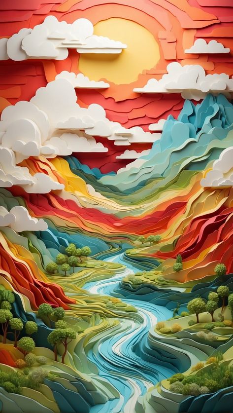 "Harmony Bask in the warmth of a paper-crafted sunset where vibrant, flowing landscapes cascade into a serene river. The colors of nature blend in perfect harmony, offering a peaceful retreat for the eyes and soul. Embrace a moment of creative bliss #midjourney #ia #wallart #wallpaper #digitalart #carvingthevibrant #carve #carving #wood @aestheticskylightcity @mysticpeakdraw @carvethevibrant @mistermintdrop @retrosynthlife @estampthelandscape Harmony Art Design, Background Design Landscape, Harmony Art, Sea Artwork, Colors Of Nature, Wallpaper Project, Abstract Wallpaper Backgrounds, Carving Wood, Abstract Art Wallpaper