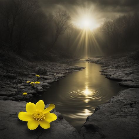 In a fantasy world shrouded in darkness, a river flows silently through the desolate landscape. Amidst the gloom, a single small yellow flower bravely blooms, offering a glimmer of hope. The sun's rays struggle to penetrate the thick, oppressive atmosphere, casting feeble light on the flower's delicate petals. This world, consumed by darkness, is a testament to the absence of light and the despair it brings. Consumed By Darkness, Desolate Landscape, Glimmer Of Hope, Yellow Flower, Fantasy World, This World, Yellow Flowers, Art Reference, It Cast