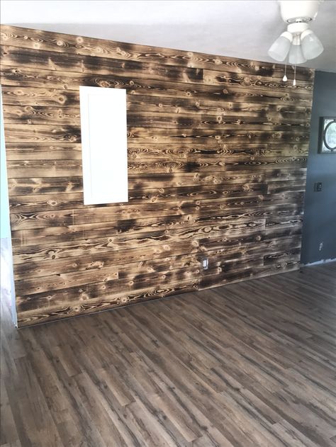 Burnt wood accent wall! Pallet Projects Bar, Wood Paneling Basement, Pine Shiplap Wall, Pine Shiplap, Basement Diy, Torch Wood, Nursery Accent Wall, Diy Wood Wall, Shiplap Wall