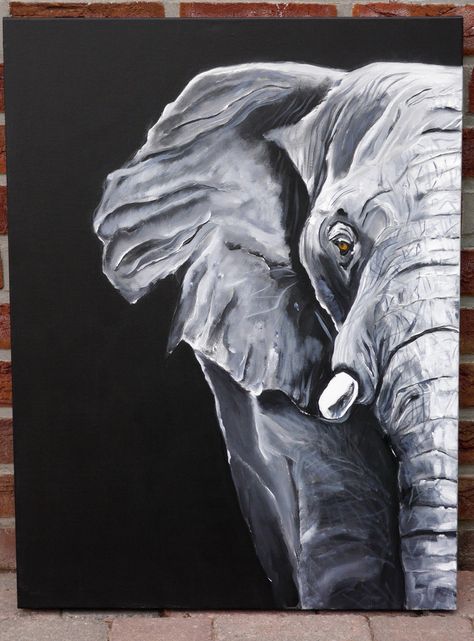 Elephant Canvas Art, Black Canvas Paintings, Christmas Paintings On Canvas, Elephant Canvas, Elephant Painting, Black And White Painting, Elephant Art, Acrylic Canvas, Wild Animals