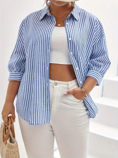 Plus Size Striped Print Shirt Casual Button Front Shirt - Temu Lantern Sleeved Blouses, Half Sleeve Shirts, Black And White Blouse, Collar Shirt, Affordable Clothes, Plus Size Blouses, Casual Blouse, Plus Size Casual, Look Chic