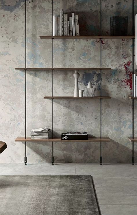 Black Metal Shelf Kitchen, Korean Industrial Design, Modern Bedroom Shelving, Simple Shelving Ideas, Living Room Metal Shelves, Home Decor Ideas Living Room Fireplace Interior Design, Diy Floor To Ceiling Shelves, Industrial Home Decor Ideas, Floor To Ceiling Floating Shelves