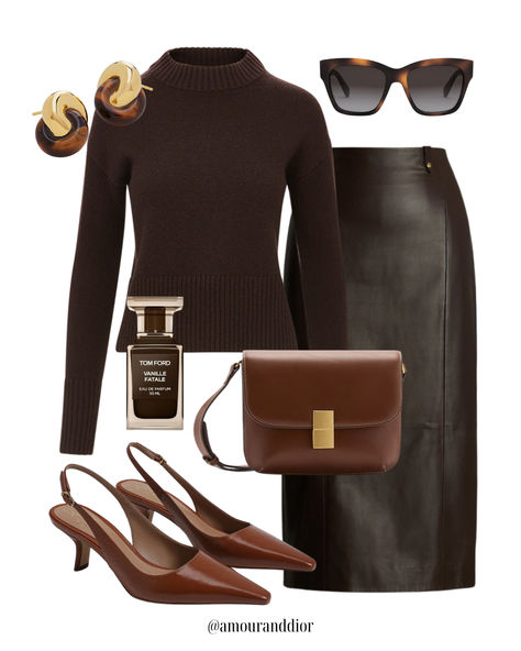 Styling a brown leather midi skirt for fall 🍁🍂🤎🧸 Fall outfit, leather skirt, faux leather, midi skirt, dark drown, espresso brown, chocolate brown, tortoiseshell, cashmere sweater, oversized sweater, brown sweater, crew neck jumper Dark Brown Jumper Outfit, Brown Sweater Black Skirt, Gold Leather Skirt Outfit, Faux Leather Midi Skirt Outfits, Chocolate Brown Skirt Outfit, Dark Brown Leather Skirt Outfit, Brown Leather Midi Skirt Outfit, Dark Chocolate Outfit, Knee Length Leather Skirt Outfit