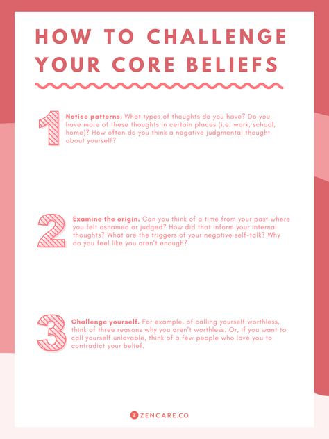 Negative Core Beliefs: What They Are and How to Challenge Them How To Change Negative Core Beliefs, Cbt Core Beliefs, Common Core Beliefs, Challenging Core Beliefs, Core Beliefs Cbt Worksheet, Changing Core Beliefs, Mercury Scorpio, Core Beliefs Worksheet, Thought Challenging