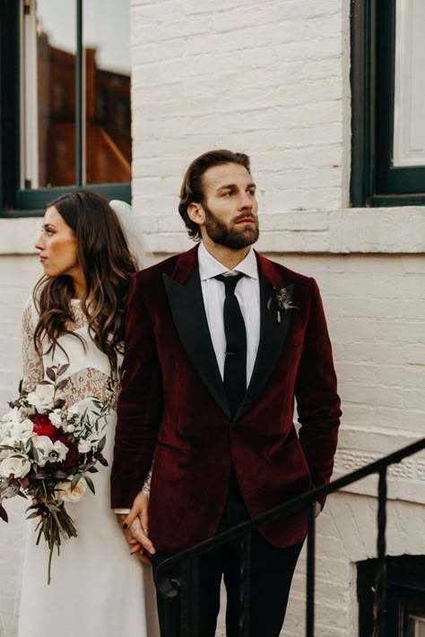 Moody Wedding Menswear, Groomsmen Attire Velvet, Maroon Groomsmen Suits, Moody Wedding Groomsmen, Dark And Moody Groomsmen Attire, Moody Groom Attire, Moody Groomsmen Attire, Black Maroon Wedding, Maroon Tuxedo Wedding