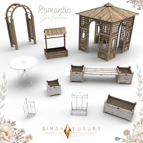 Romantic Garden ~ Full Collection | Sims4Luxury on Patreon Sims Home Ideas, Romantic Furniture, Wedding Pergola, Sims 4 Cc Build, Sims 4 Cottage, Sim4 Cc, Sims 4 Packs, Sims Home, Mod Furniture