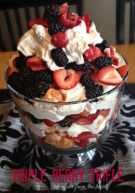 triple berry trifle Angel Food Cake Whipped Cream, Easy Berry Trifle Recipe, Coconut Whipped Cream Frosting, Dessert Trifles, Coconut Cream Poke Cake, Bite Size Pies, Cream Poke Cake, Cake Whipped Cream, Trifle Dessert Recipes