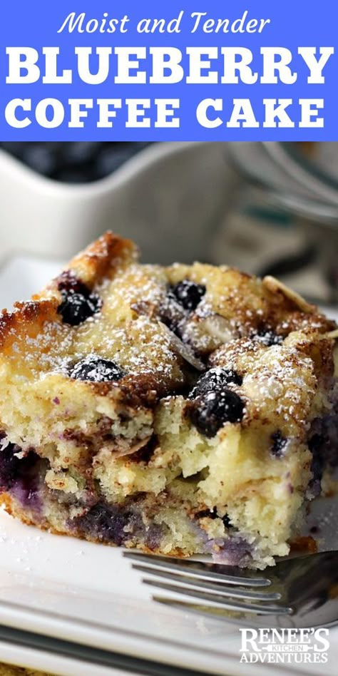 Moist and Tender Blueberry Coffee Cake is the only blueberry coffee cake recipe you need. Easy to make, this coffee cake is studded with fresh blueberries and cinnamon sugar, then topped with sliced almonds for crunch. #blueberrycoffeecake #blueberrycake #blueberries #recipeswithblueberries Blueberry Coffee Cake Recipe, Cream Cheese Coffee Cake, Blueberry Cake Recipes, Blueberry Coffee, Blueberry Coffee Cake, Six Sisters Stuff, Sour Cream Coffee Cake, Six Sisters, Blueberry Desserts