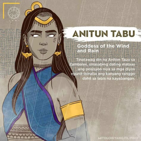 Anitun Tabu is also called Anitun Tauo in Zambales. It is said that she had a very high position among the gods but she was demoted in her rank due to excess arrogance.(Filipino mythology) Filipino Deities, Philippines Mythology Goddesses, Precolonial Philippines, Philippine Mythology, Filipino Tattoos, World Mythology, Filipino Art, Philippine Art, Philippines Culture