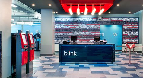 Gym Reception, Blink Fitness, Commercial Lighting Design, Playful Palette, Fitness Business, Travel Recommendations, Fitness Photos, Reception Area, Health Club