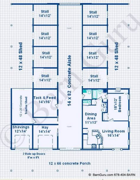 8 Stall Horse Barn With Living Quarters - Design Plan - Ga Horse Barn Builder Barndominium Floor Plans With Horse Stalls, House With Barn Attached, Barndominium With Horse Stalls, Horse Barn Layout Floor Plans, 6 Stall Horse Barn Plans, Horse Barn Floor Plans, Horse Barn With Living Quarters, 4 Stall Horse Barn Plans, Barn Layout