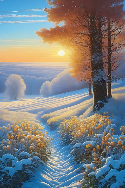 Beautiful sunrise or sunset in winter. The sun's rays fall beautifully on the snow Winter Sunrise Mornings, Flowers In The Forest, Snow Sunrise, Sunset In Winter, Morning Gifs, Winter Sunrise, Sunrise Painting, Snow Art, Winter Mountain