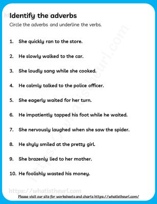 Identify the Adverbs - Grade 2 - Your Home Teacher Adverbs Worksheet For Grade 1, Adverb Worksheets For Grade 2, Adverb Activities 4th Grade, Adverbs Worksheet Grade 3, Adverb Sentences, Adverbs Sentences, Adverb Activities, Adverbial Phrases, Verbs For Kids