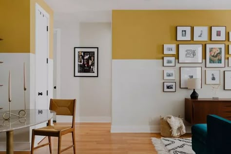 How Abigail Horace Adds Color Into Every Space—Even If It's a Neutral Painting Bottom Half Of Wall, Color Block Gallery Wall, Two Tone Walls Living Room, Wall Two Colors, Half Painted Wall Living Room, Tv Wall Painting Design, Two Tone Living Room Walls, Two Tone Room, Two Tone Wall Paint