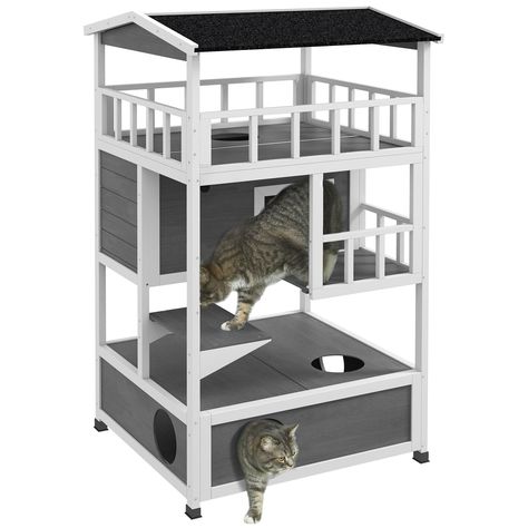 PRICES MAY VARY. Fun Ways to Play: This outdoor cat house has escape doors, jump platforms, and floor holes that provide fun for cats. It has a lot of room and a private area for relaxation time. Outdoor & Indoor: The cat house & condos features an asphalt eave and raised floor, so if you use it outside and it rains, the water won't damage the base. Easy to Maintain: The removable middle board makes it easy for you to place a cat litter box and clean it. The hole design of the cat house for indo Outside Cat Enclosure, Outside Cat House, Feral Cat Shelter, Feral Cat House, Raised Floor, Wooden Cat House, Feral Cat, Outdoor Shelters, Outdoor Cat House