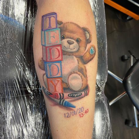 Cute Teddy Bear Tattoos For Women, Block Name Tattoo, Teddy Bear Tattoo Stencil, Baby Bear Tattoo Ideas For Women, Baby Blocks Tattoo, Teddy Bear Tattoo Ideas For Women, Tattoo Idea For Son, Teddy Bear Tattoo Designs, Big Bear Tattoo