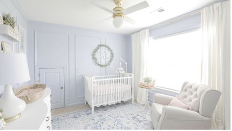 Calming Nursery Colors, Baby Blue Nursery, Coastal Nursery, Calm Nursery, Light Blue Walls, Frame Molding, Big Pillows, Nursery Room Design, Girl Nursery Room