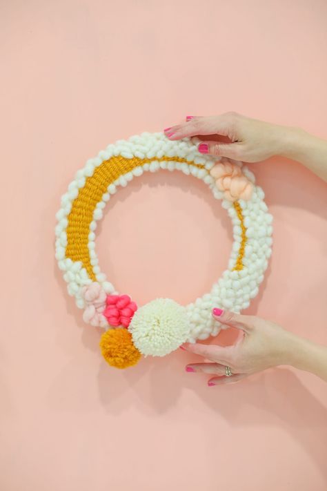 How to Make a Modern Woven Wreath for Your Spring Decor » Lovely Indeed Woven Wreath, Crafternoon Ideas, Modern Weaving, Craft Market Display, Pom Crafts, Diy Yarn, Diy Crafts For Adults, Pom Pom Crafts, Diy Weaving