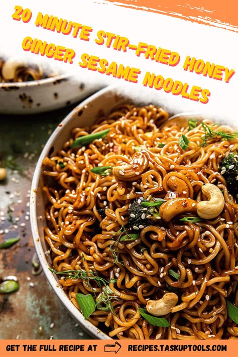 Indulge in a quick and delicious meal with this 20 Minute Stir-Fried Honey Ginger Sesame Noodles recipe. Perfect for busy weeknights, this dish combines the sweet and spicy flavors of honey and ginger with the nutty aroma of sesame. Enjoy a burst of Asian-inspired taste in every bite. Easy to make, packed with flavor, and sure to become a family favorite. Follow along for step-by-step instructions and cooking tips to perfect your stir-fry game. Save this recipe for Asian Noodle Recipes Easy, Honey Soy Noodles, Pork Noodles Recipe, Ginger Noodles, Honey Garlic Noodles, Ginger Soy Noodles, Sesame Ginger Noodles, Noodle Stir Fry, Spicy Ginger Chili Noodles