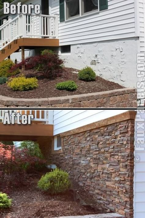 Install faux stone tiles to the outside of your house to disguise an ugly layer of foundation. | 31 DIY Projects That Will Make Your House Look Amazing Architecture Renovation, Garden Hacks, Mini Makeover, Have Inspiration, After Pictures, Stacked Stone, Before And After Pictures, Patio Stones, Faux Stone