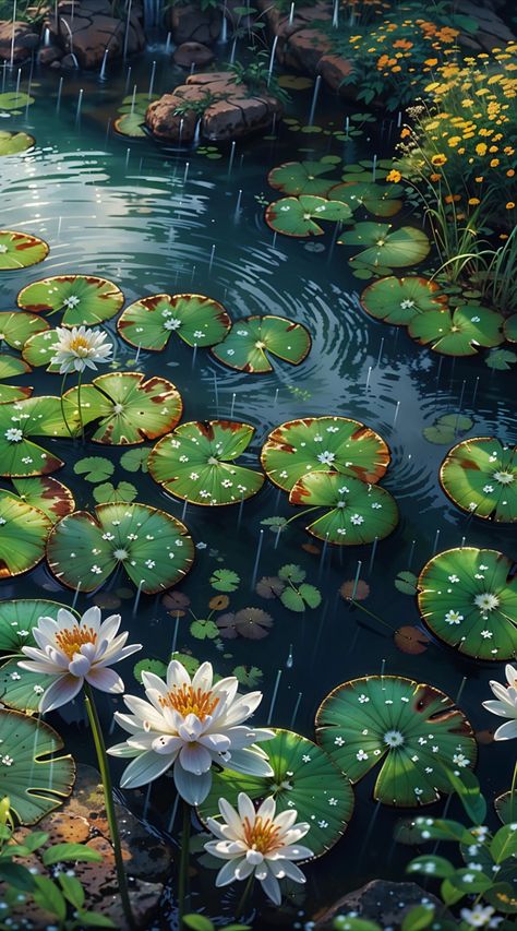 A Garden Of Words, Ghibli Garden, Small Butterflies, Rain Sound, Pond Lily, Garden Of Words, Waterfall Paintings, Lovely Flowers Wallpaper, Pretty Landscapes