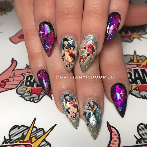 @brittanyisdoomed on @ruby_magic #cowboybebop decals from @chachacovers #nailchurch #magicfingers #fingerbang #fingerbangportland… Cowboy Bebop Nails, Magic Fingers, Nail Goals, Space Nails, Cowboy Bebop, Gorgeous Nails, Bangs, Ruby, Cowboy