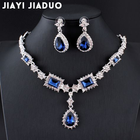 Blue Jeweled Jewelry Sets For Party, Luxury Blue Jewelry Sets For Party, Elegant Blue Jewelry Sets With Rhinestones, Luxury Blue Women's Jewelry Sets, Elegant Royal Blue Gemstone Necklace, Silver Clothing, Red Jewellery, Earrings Sets, Bride Necklace