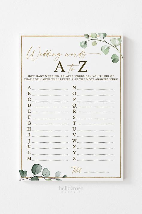 Wedding Words A to Z Bridal Shower Printable Game . Greenery and Gold . Fun Rustic Game . Hens Bachelorette Party . Instant Download G2 #bridalshower #bridalshowergame #etsy #rusticbridalshower #bridalgamedownload #floralandgreenery #greeneryandgold #funicebreakergame #bohorusticgames #funbridalgames #weddingwordsatoz #weddingwordsa-z #weddingreceptiongame Greenery Bridal Shower Ideas, Bridal Shower Tea Party Theme, Wedding Words, Fun Bachelorette Party Games, Game Hens, Wedding Reception Games, Bridal Games, Bridal Shower Printables, Tea Party Theme