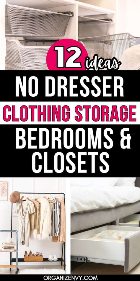 Small bedrooms and small closets need special attention when it comes to clothes storage, especially if you don't have a dresser. Check out these 12 ideas to organize and store clothing in a small bedroom or closet! Learn how to maximize storage space, use closet shelves, add drawers to a small closet, use the space under your bed and more. Small bedroom organization | Small bedroom storage | Small closet organization | Small closet storage | Clothes storage no dresser Add Drawers To Closet, How To Store Clothes Without A Dresser, Clothing Storage Without Dresser, No Dresser Bedroom Ideas, Clothes Storage Ideas No Dresser, Storage Small Closet, Ways To Organize Clothes, Small Closet Organization Ideas Bedroom Clothing Storage, Small Room Clothes Storage