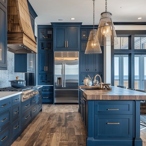 The Perfect Match: 21 Farmhouse Blue Kitchen Cabinets to Inspire Your Remodel Rustic Blue Kitchen Cabinets, Kitchen With Dark Blue Cabinets, Traditional Style Home Interior, Blue Kitchen Cabinets With Butcher Block, Royal Blue Kitchen Cabinets, Blue Kitchen Cabinets Farmhouse, Slate Blue Kitchen Cabinets, Blue And Brown Kitchen, Blue And Wood Kitchen