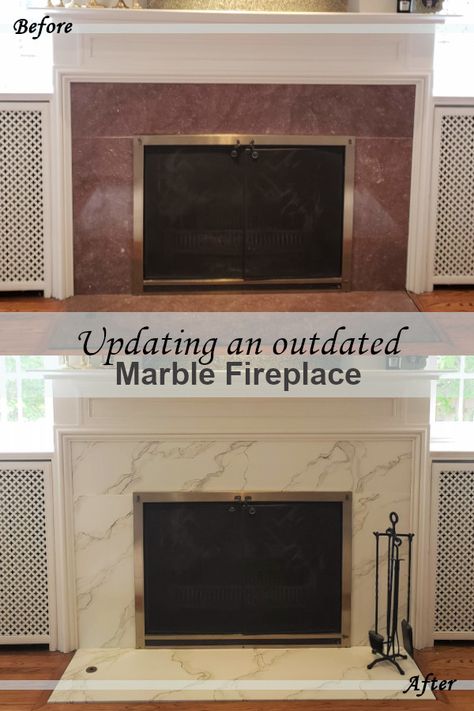 How we used a professional muralist to change the color of our marble fireplace without spending thousands to replace the marble. How To Update Marble Fireplace, How To Cover Marble On Fireplace, Fireplace Marble Makeover, Painting Over Marble Fireplace, Painting A Marble Fireplace, Diy Marble Fireplace Makeover, Painting Granite Fireplace, Covering Marble Fireplace Surround, Green Marble Fireplace Makeover