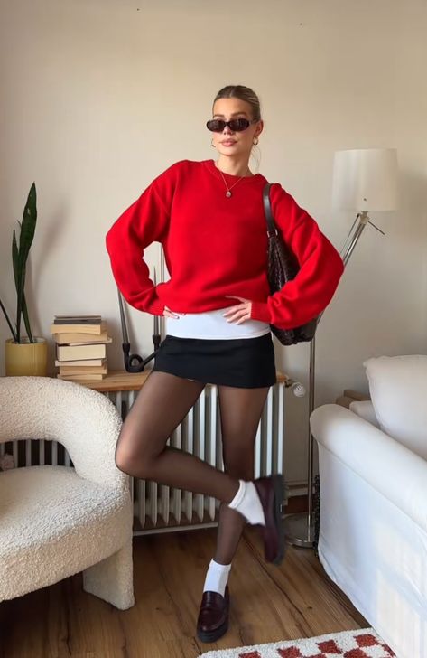 Red Outfit Blonde Hair, Dark Red Outfit Ideas, Red Loafers Outfit Women, Red Socks Outfit, Cute Tennis Outfits, Red Outfit Winter, Indie Style Outfits, Cargo Pants Aesthetic, Aesthetic Cargo Pants